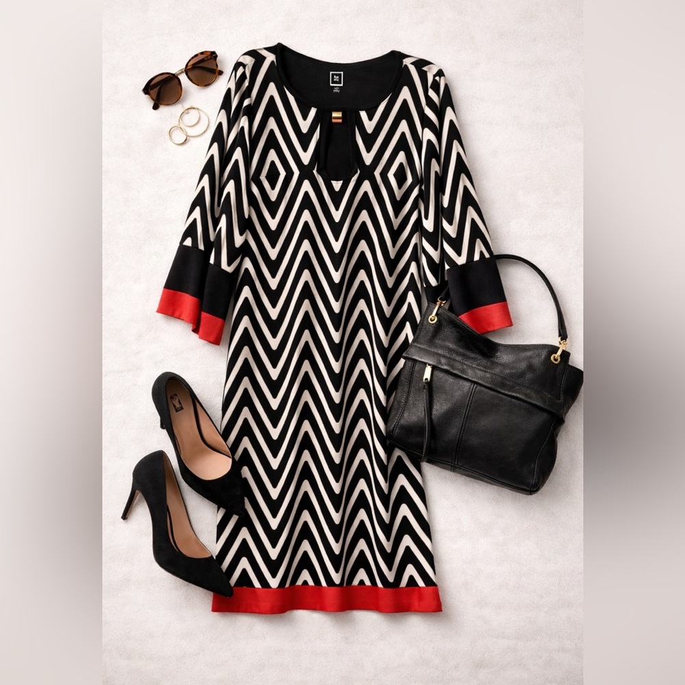 R&M Richards Women’s Chevron Midi Dress Size 14 Black White with Red Trim Career